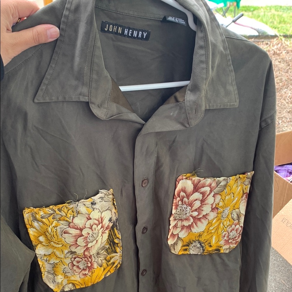 John Henry Olive Green Floral Pocket Shirt